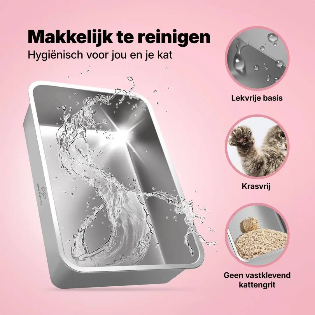 Jake and Jacky RVS Kattenbak Hop In 60x40cm - Roestvrijstaal - 3-delig