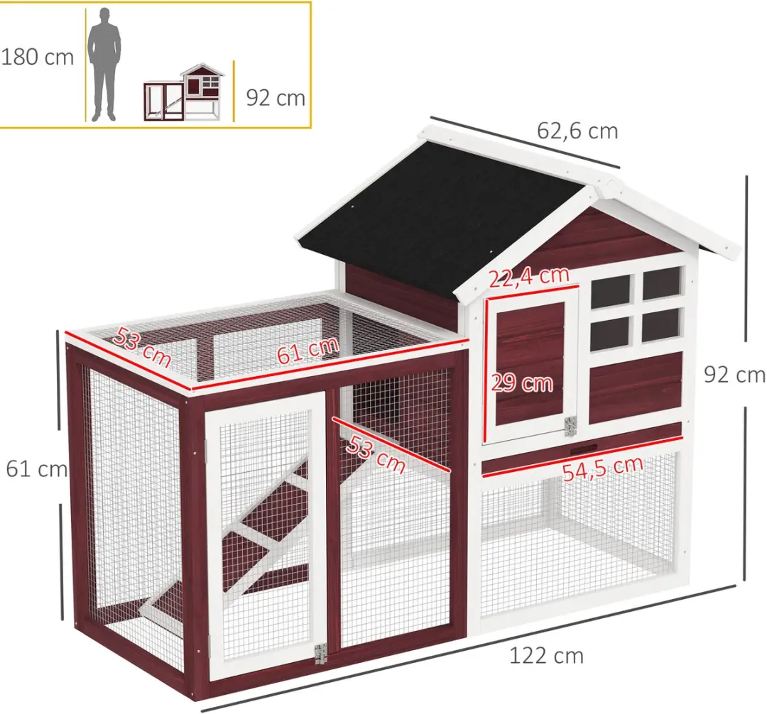 Pawhut Konijnenhok 122x63x92cm - Rood