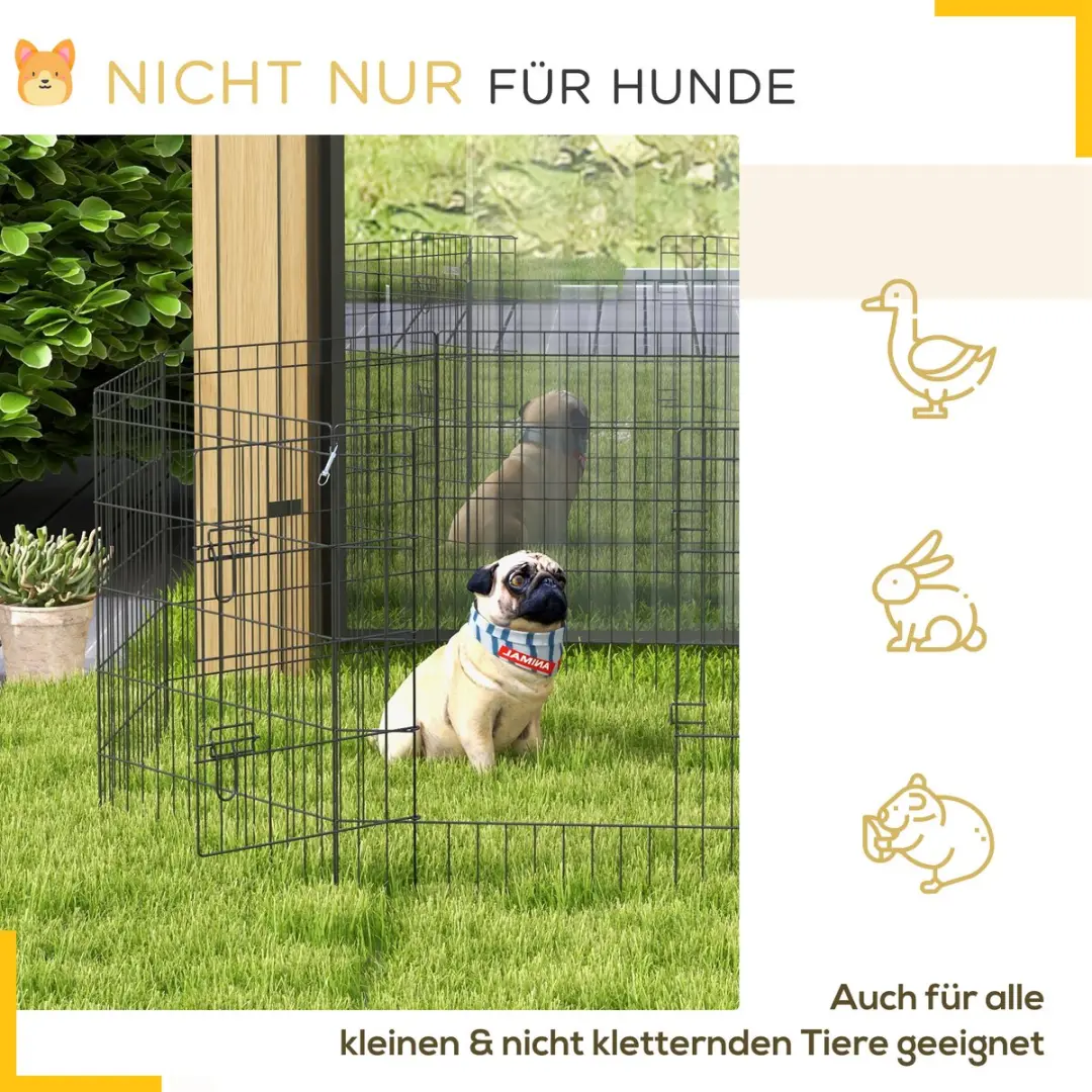 Pawhut Welpenuitloop 76cm - 8-delig met slot - voor honden/knaagdieren - Metaal - Zwart