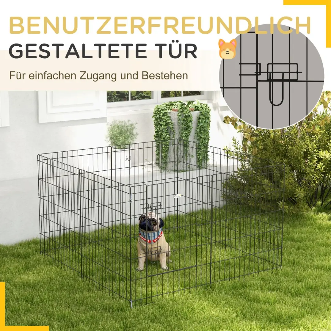 Pawhut Welpenuitloop 76cm - 8-delig met slot - voor honden/knaagdieren - Metaal - Zwart - afbeelding 6 van 6