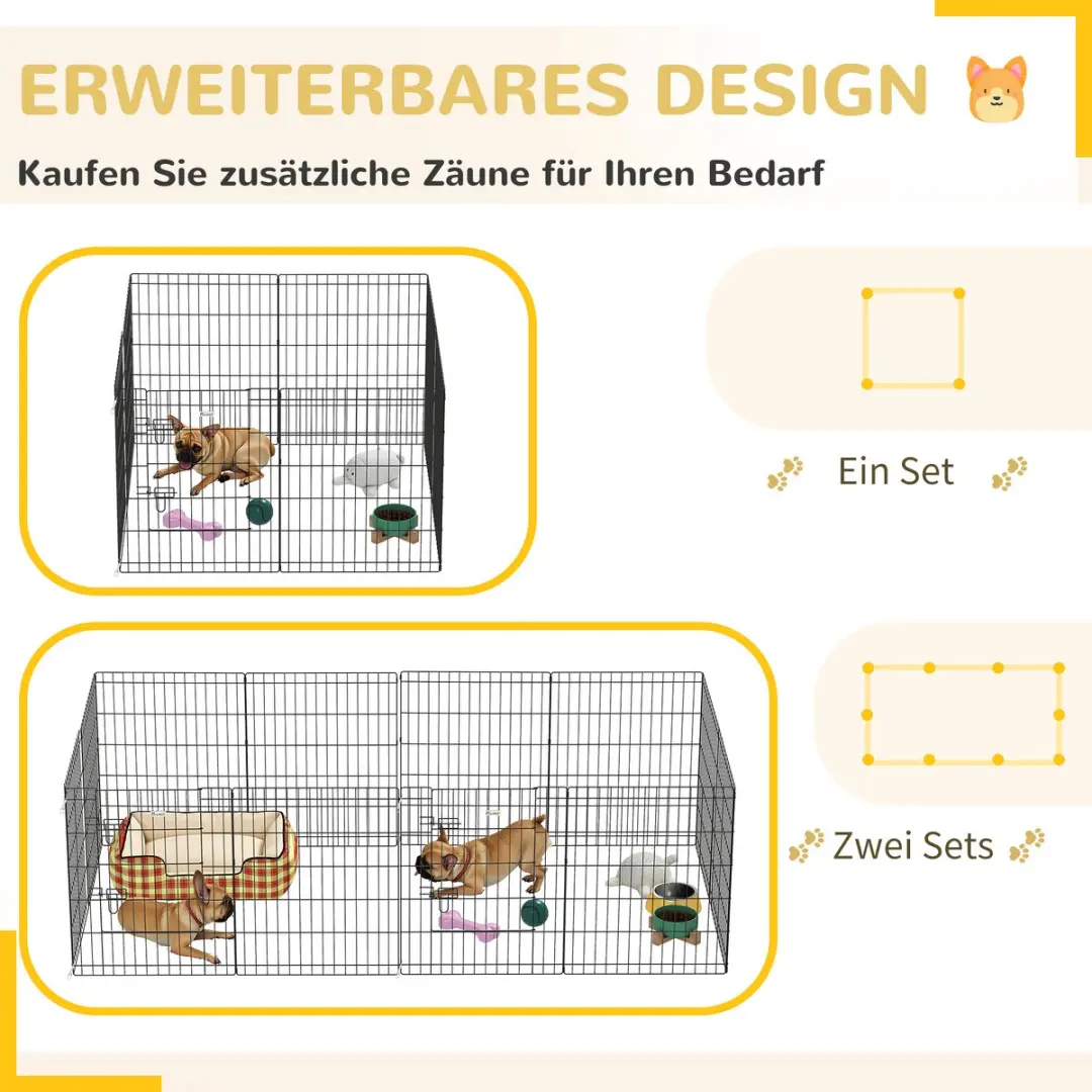 Pawhut Welpenuitloop 76cm - 8-delig met slot - voor honden/knaagdieren - Metaal - Zwart