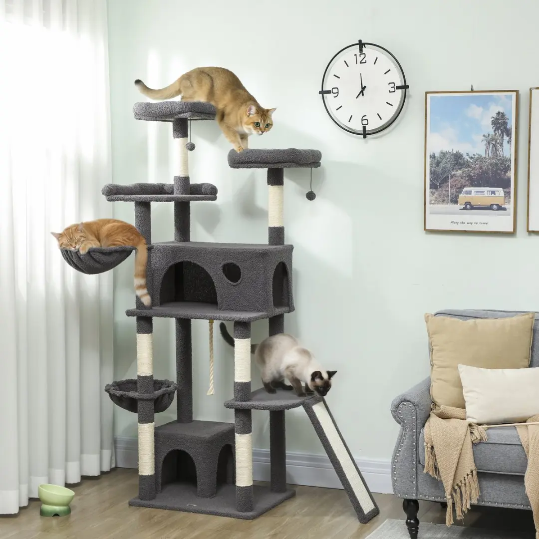 Pawhut Kattenkrabpaal 60x48x174cm - 5 Niveaus - Grijs