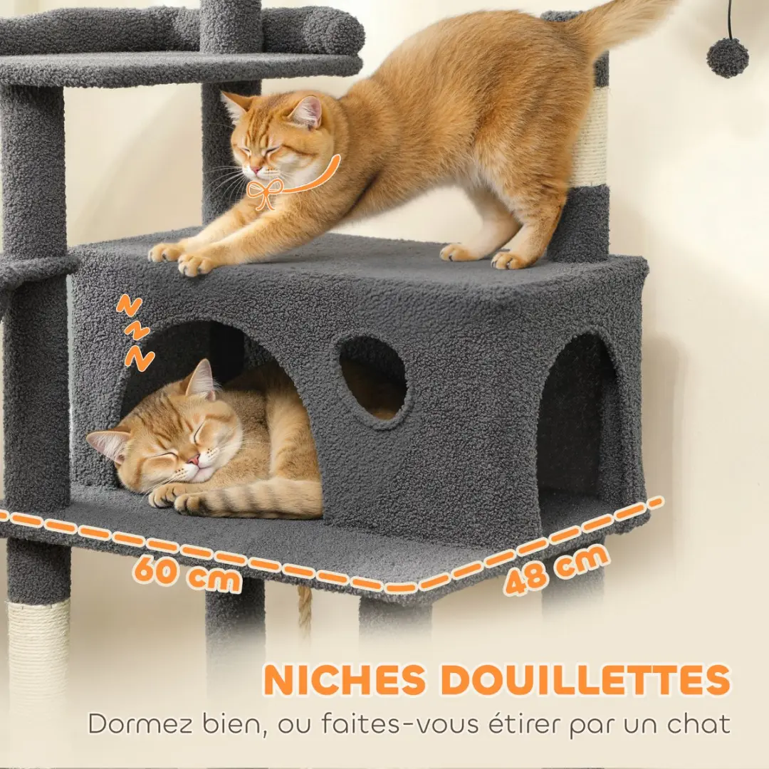 Pawhut Kattenkrabpaal 60x48x174cm - 5 Niveaus - Grijs