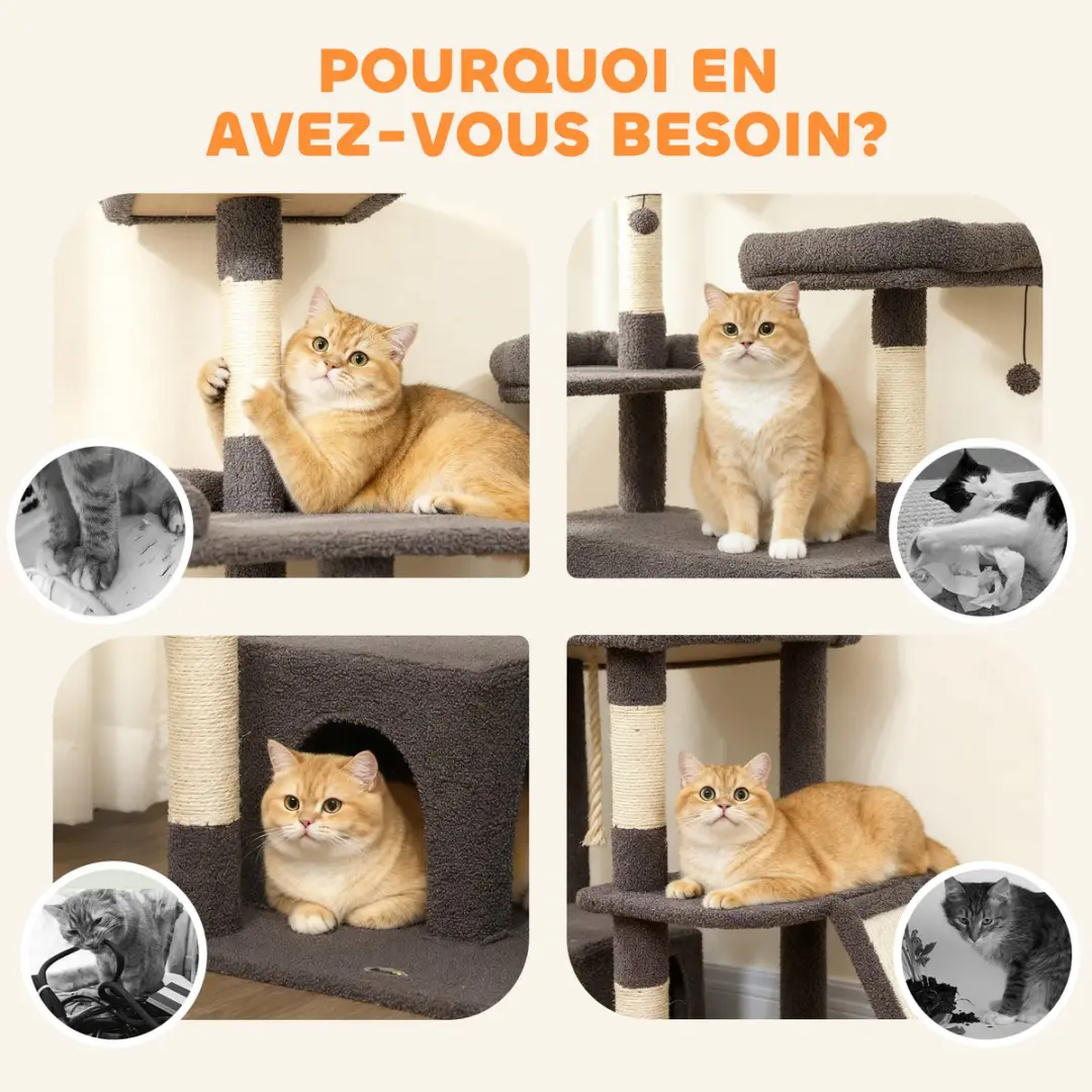 Pawhut Kattenkrabpaal 60x48x174cm - 5 Niveaus - Grijs