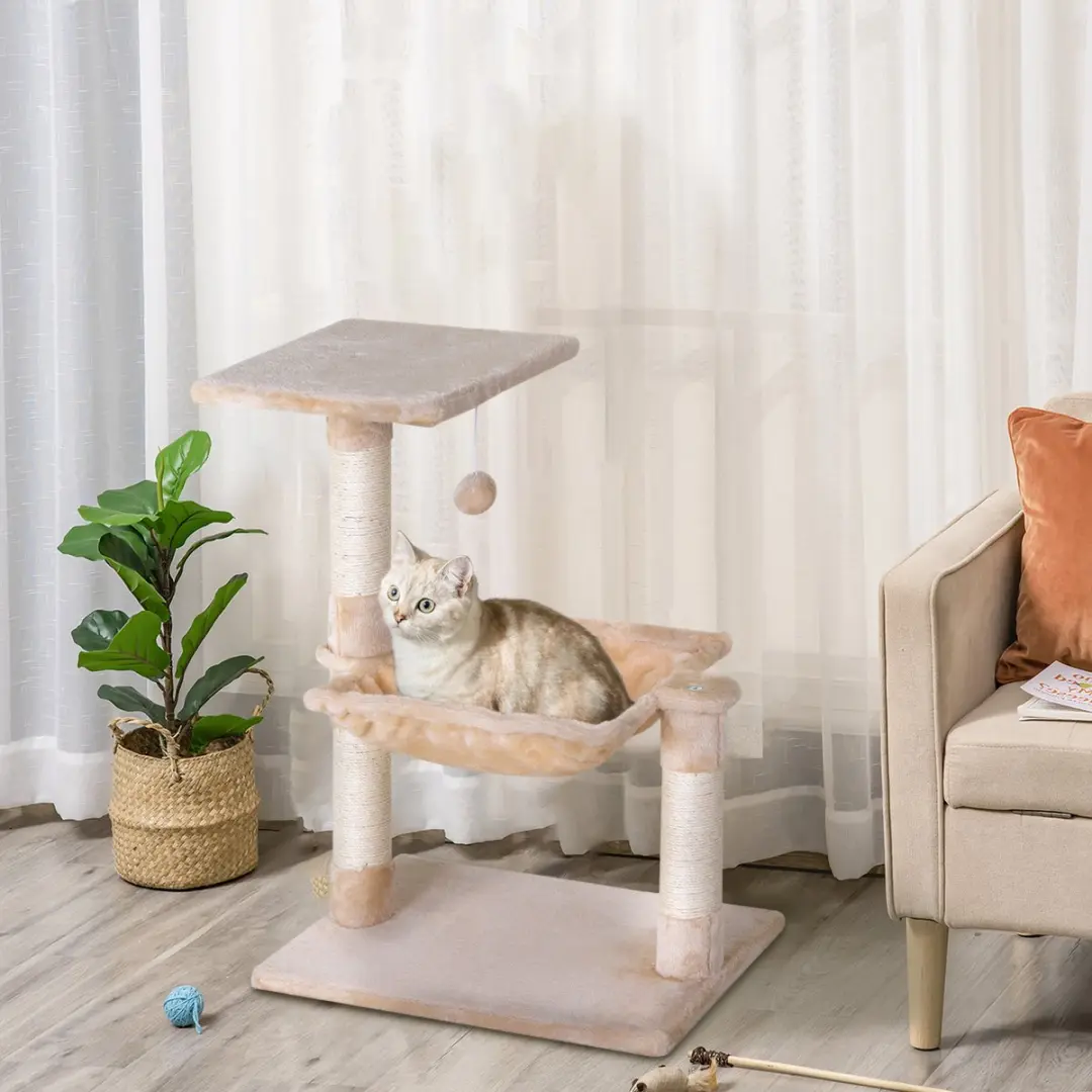 Pawhut Klimboom met Sisalzuil - 3 Ligplekken - Beige