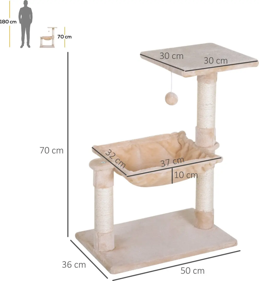 Pawhut Klimboom met Sisalzuil - 3 Ligplekken - Beige