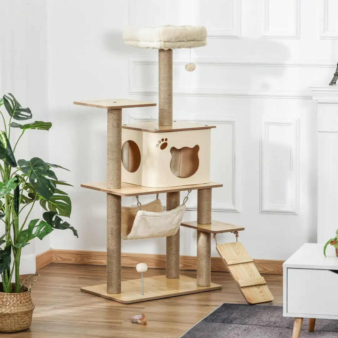 Pawhut Krabpaal D30-367 - 4 Niveaus - 4 Ligplekken - Ø16cm - Geel