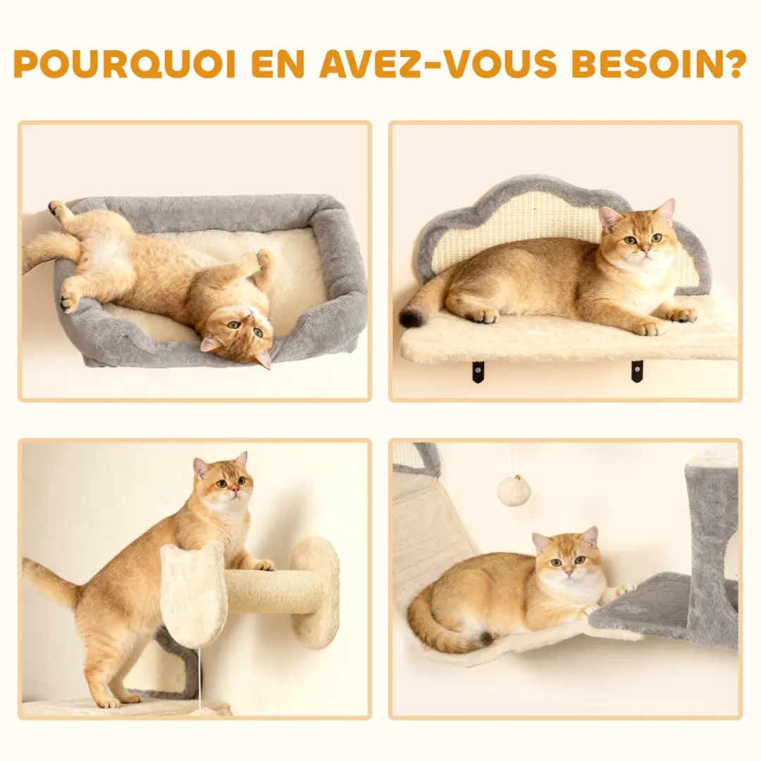 Pawhut Kattenplankenset 3-niveau - 151x30x30cm - Beige