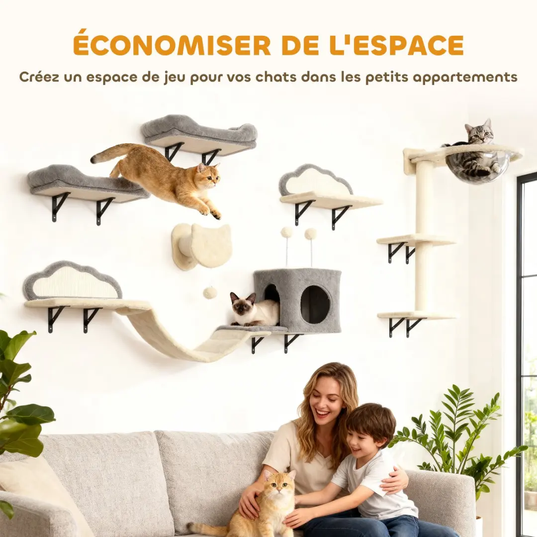 Pawhut Kattenplankenset 3-niveau - 151x30x30cm - Beige