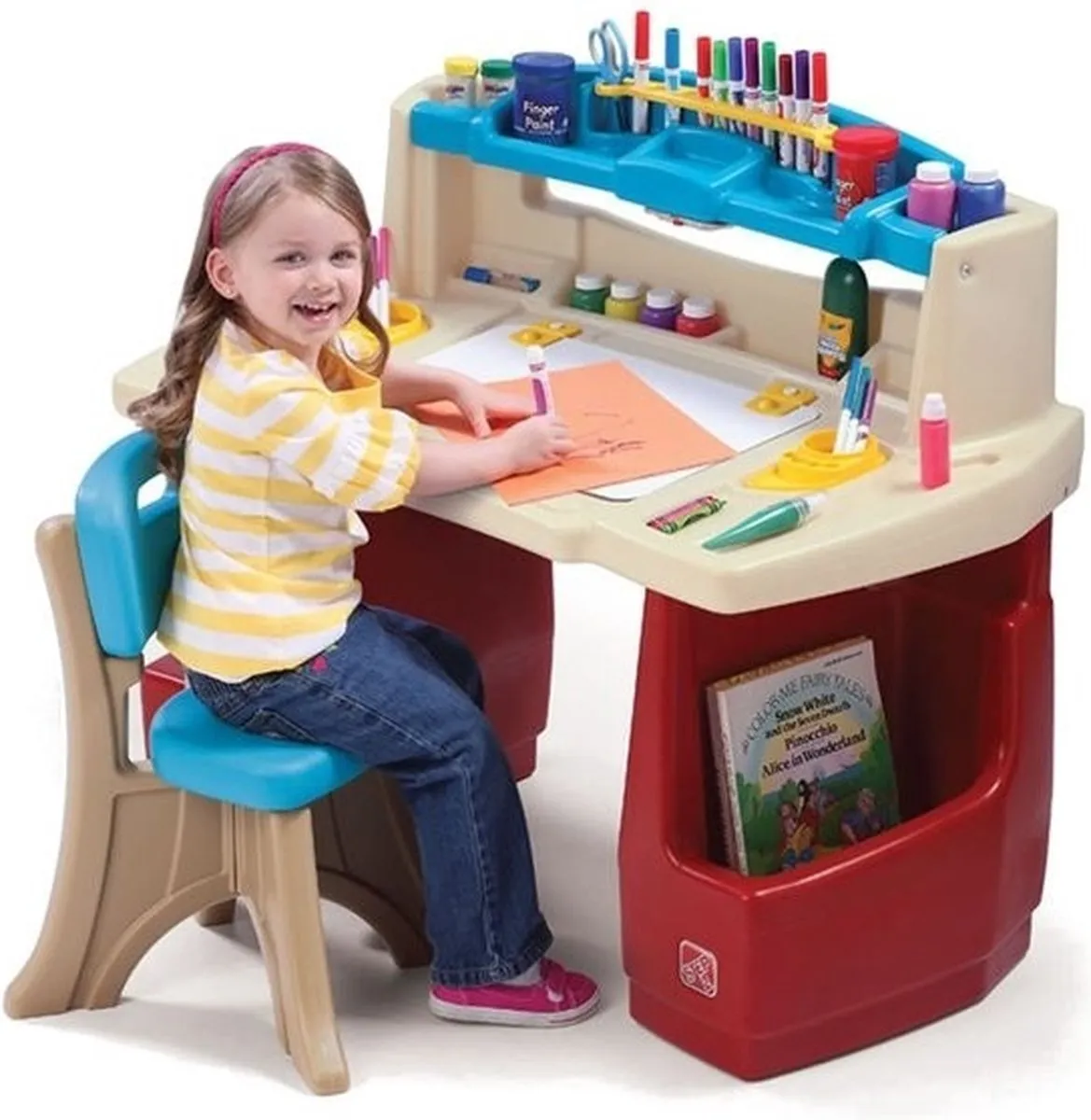 Step2 Deluxe Art Master Bureau met Stoel - Kinderwerkplek Beige/Rood/Blauw - afbeelding 6 van 6