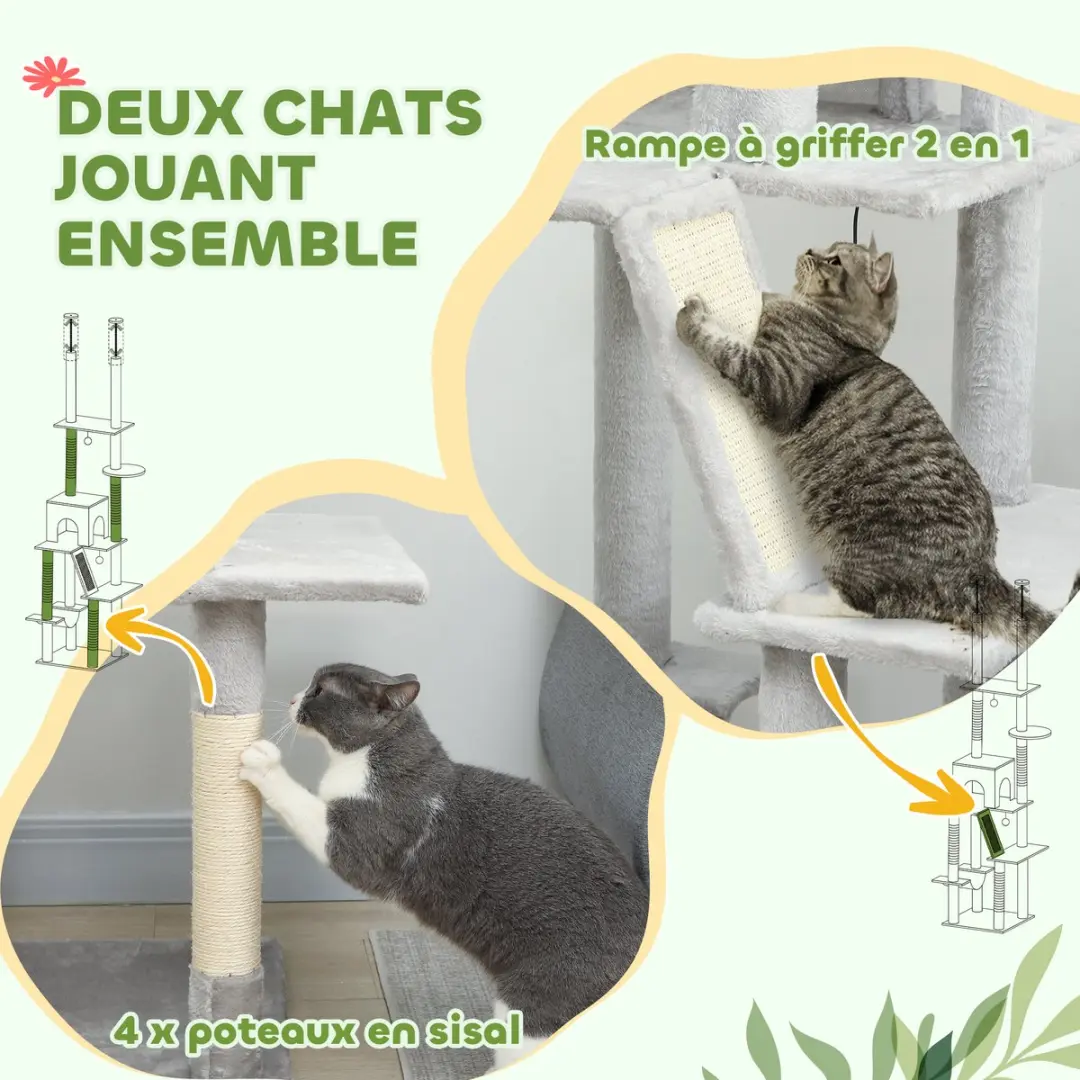 Pawhut Kattenboom Lichtgrijs 255cm - 3 Ligplekken