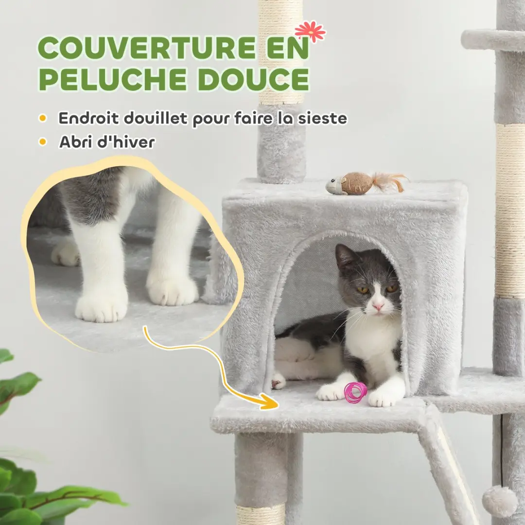 Pawhut Kattenboom Lichtgrijs 255cm - 3 Ligplekken
