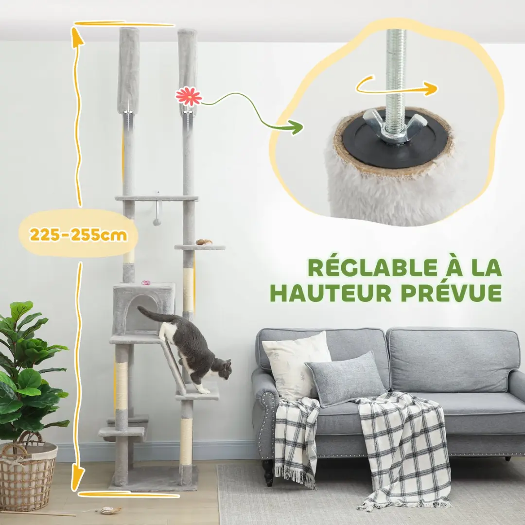 Pawhut Kattenboom Lichtgrijs 255cm - 3 Ligplekken