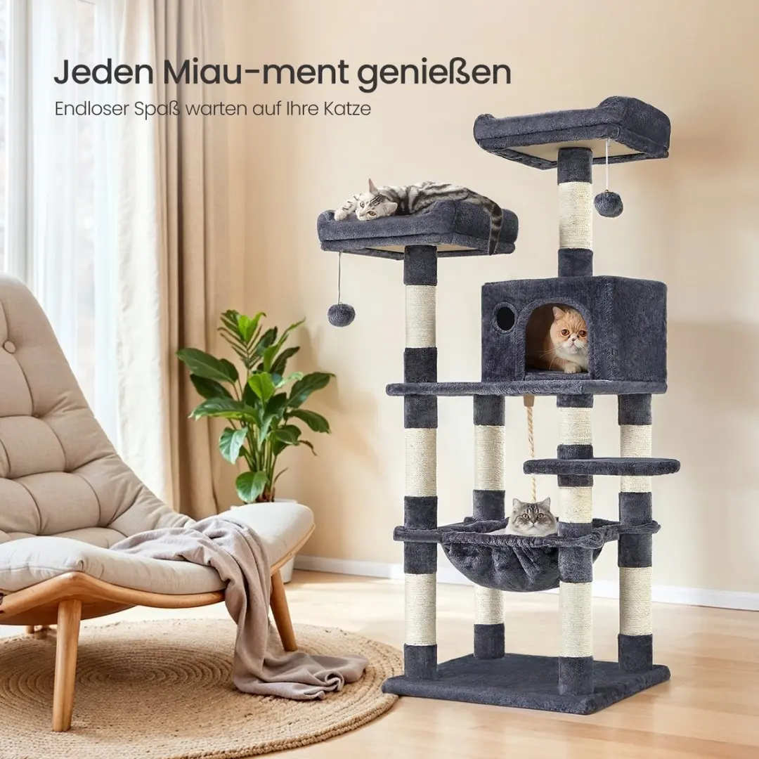 Songmics Krabpaal Kattenboom 143cm - 11 Krabpalen Rookgrijs
