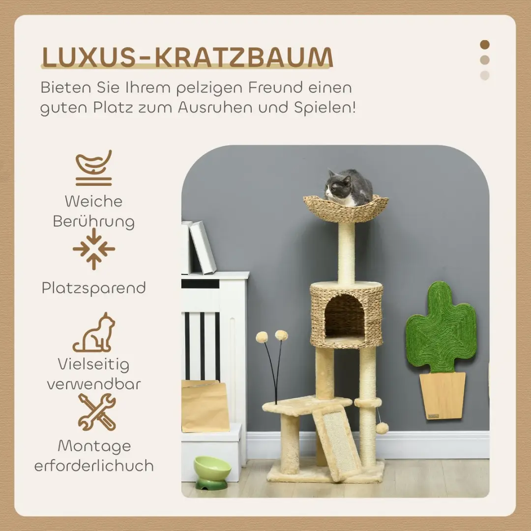 Pawhut Kattenboom 116cm Beige - 3 Niveaus 4 Ligplekken