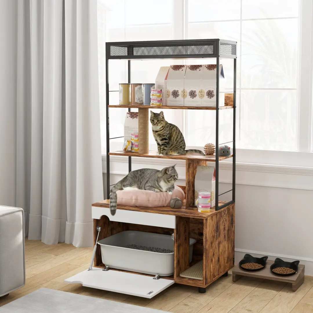 Pawhut Kattenklo Schrank 2-in-1 - 3-Ebenen-Regal - Rustikaal Bruin