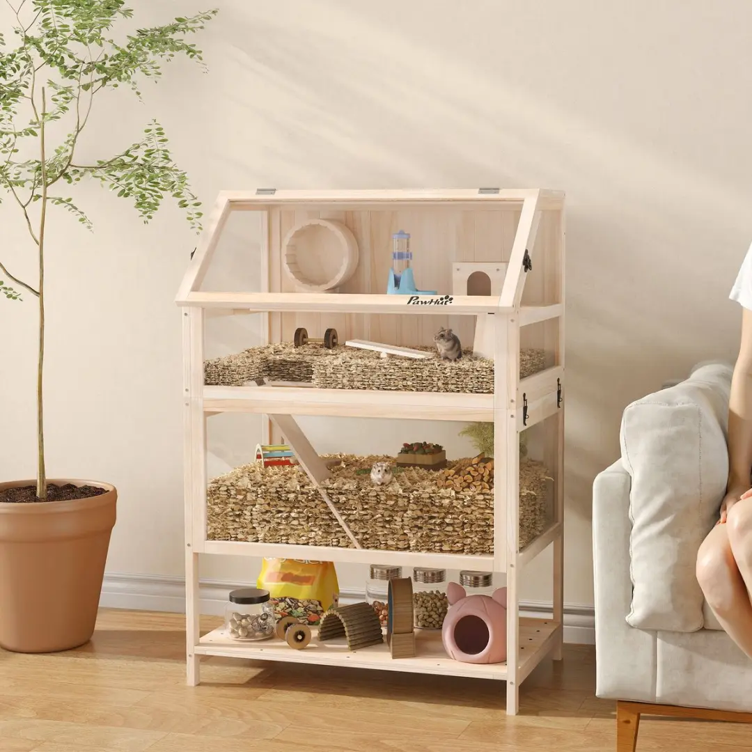 Pawhut Hamsterkooi Natuurlijk Hout - 80L x 53B x 117H cm