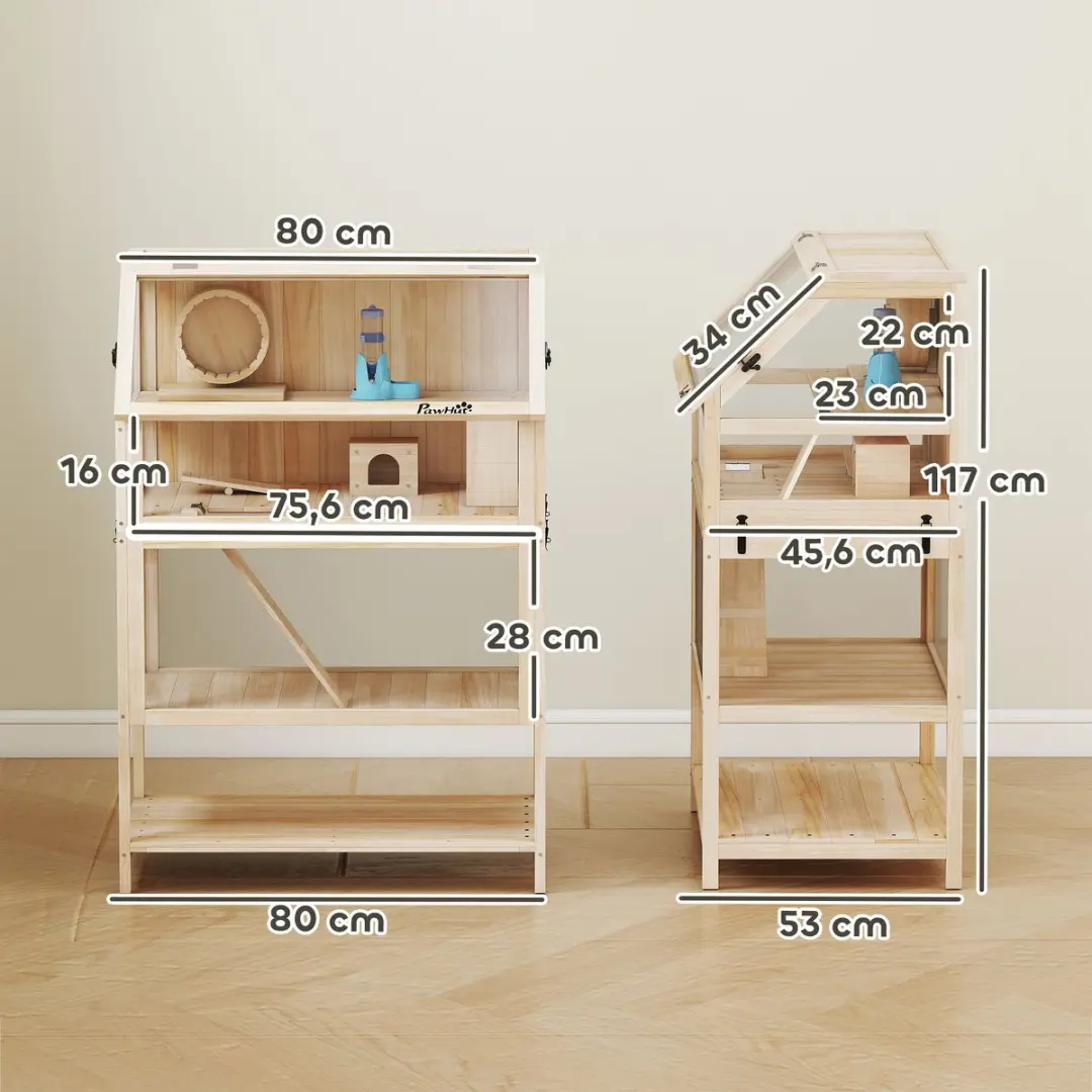 Pawhut Hamsterkooi Natuurlijk Hout - 80L x 53B x 117H cm
