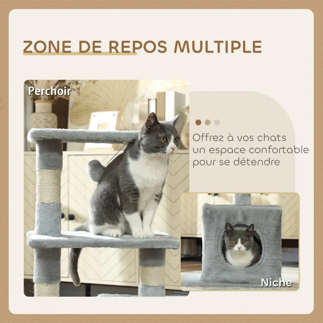 Pawhut Kattenboom Donkergrijs - 2 Planken Nis Bal