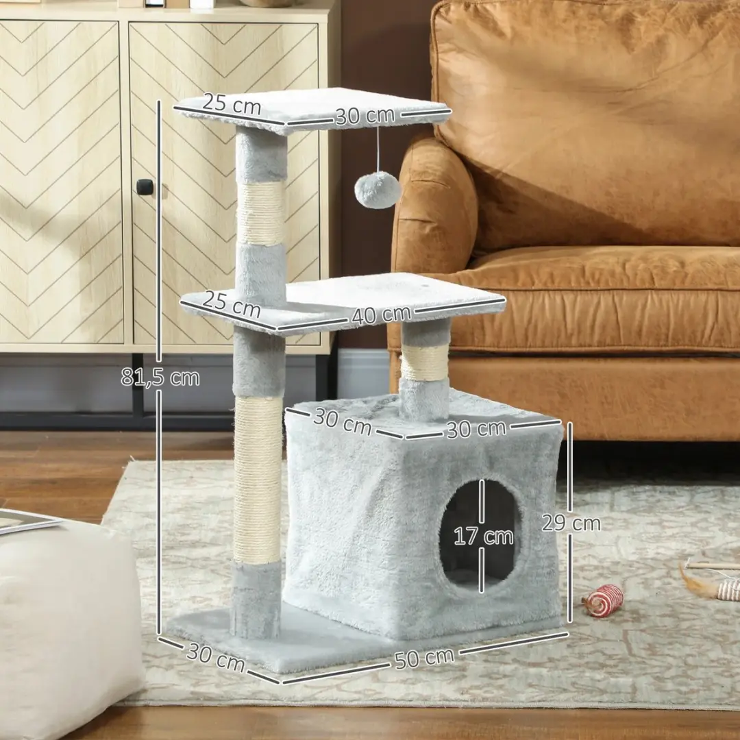 Pawhut Kattenboom Donkergrijs - 2 Planken Nis Bal
