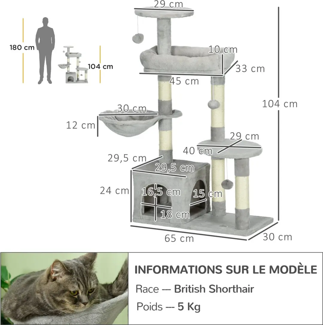 Pawhut Kattenboom - 65x30x104cm - Lichtgrijs