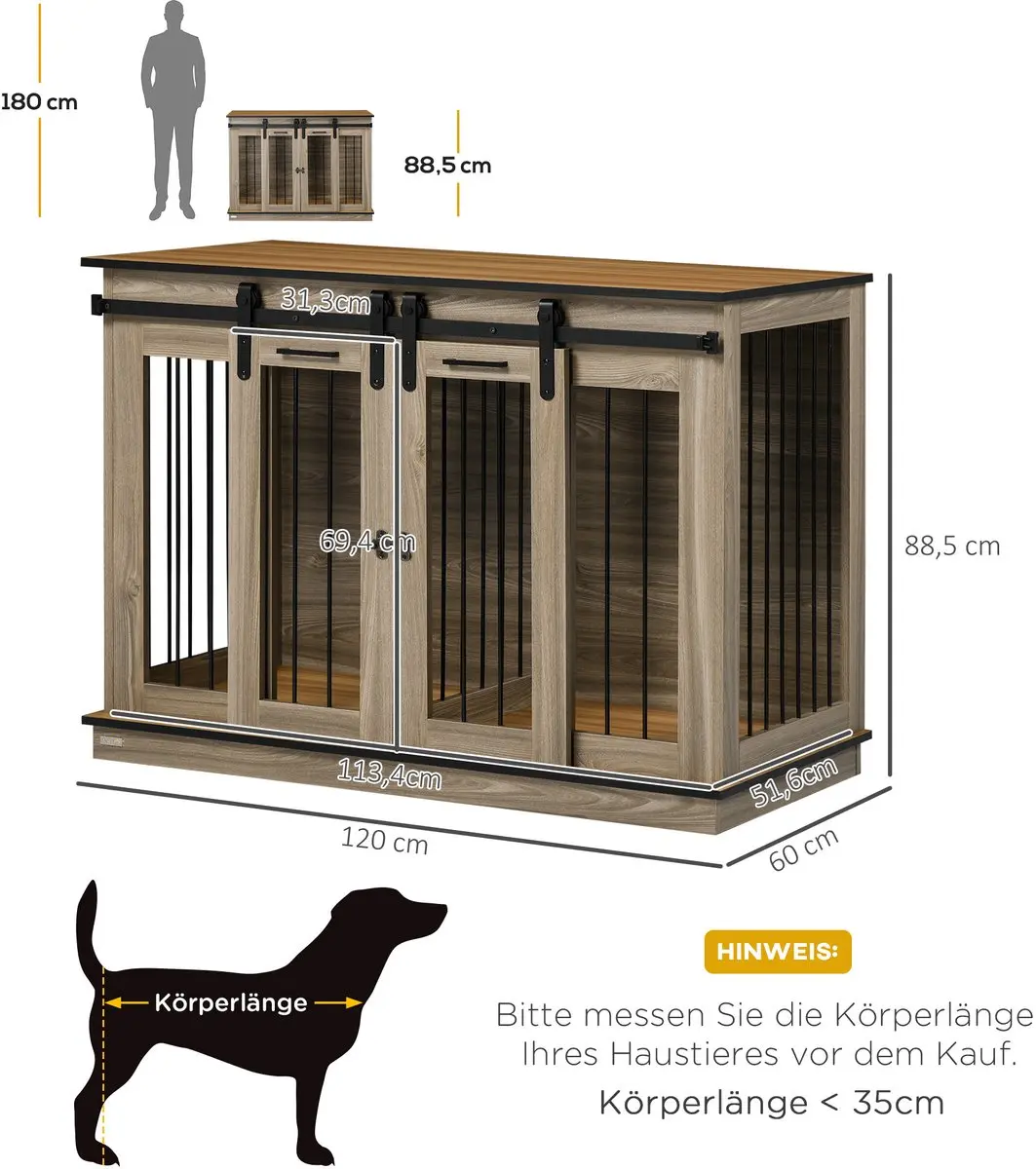 Pawhut Hondenhok 2-ruimte - 120x60x88,5cm Eiken
