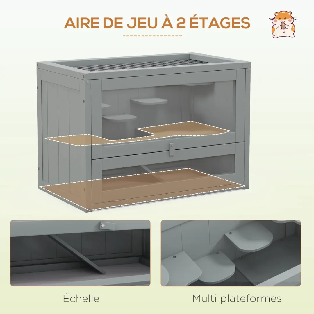 Pawhut Hamsterkooi Vurenhout 60x35x42cm Grijs - afbeelding 6 van 6