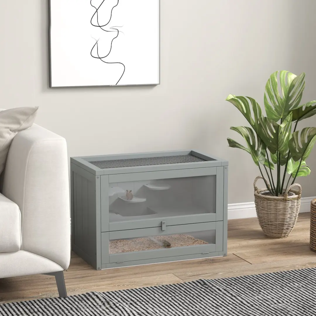 Pawhut Hamsterkooi Vurenhout 60x35x42cm Grijs