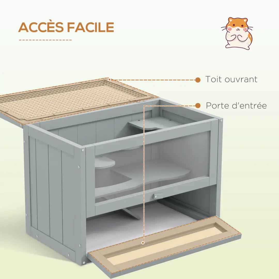 Pawhut Hamsterkooi Vurenhout 60x35x42cm Grijs