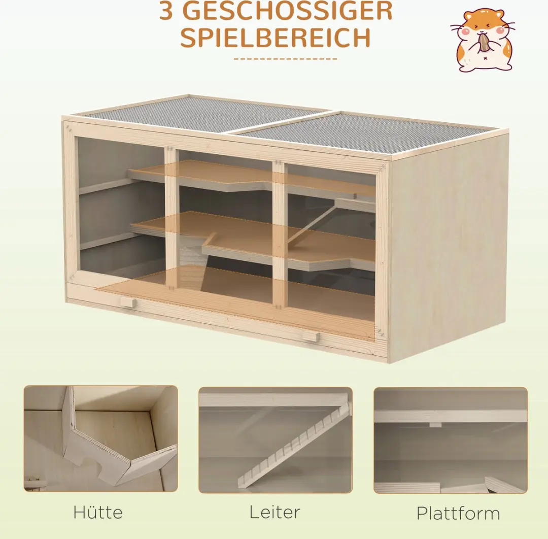 Pawhut Zwerghamster Nagerkooi 115x57x55cm - 3 verdiepingen - Natur