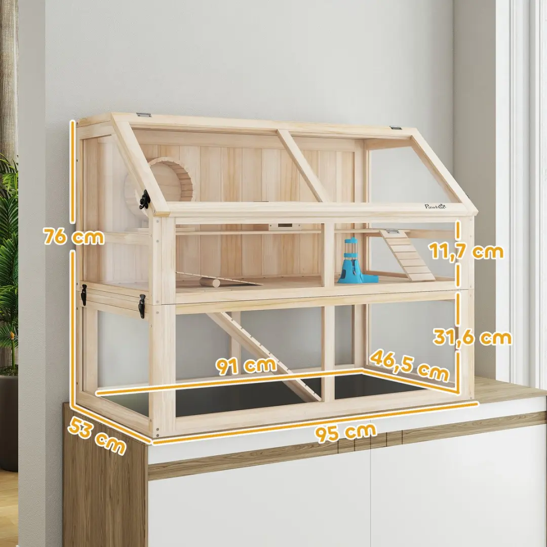 Pawhut Hamsterkooi Natuurlijk Hout 95x53x76cm - afbeelding 6 van 6