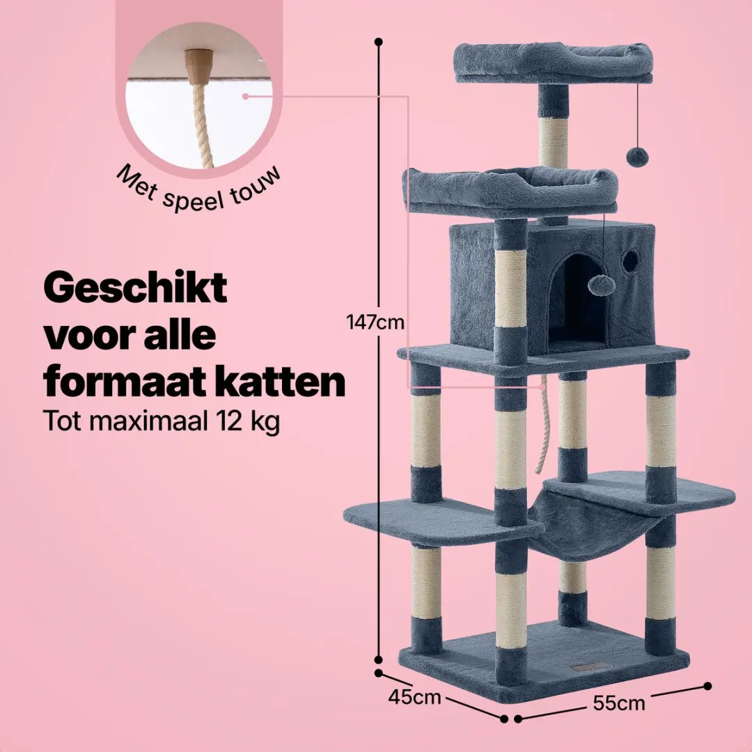 Jake and Jacky Krabpaal Kattenboom Donkergrijs - 147cm - 7 Ligplekken