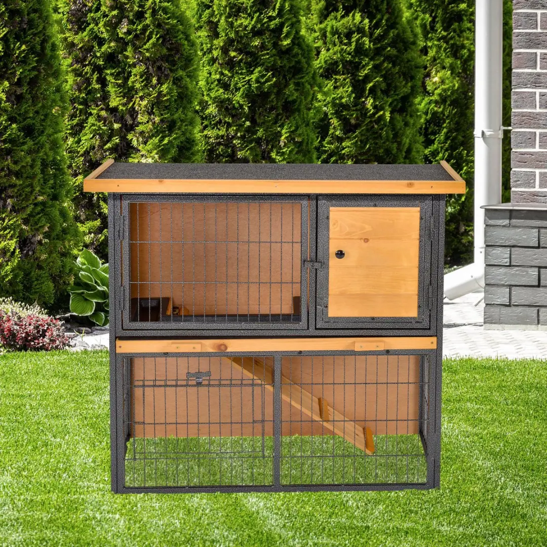 Pawhut Hasenstall 2 Verdiepingen - 89,5x45x81cm - Hellgeel/Zwart
