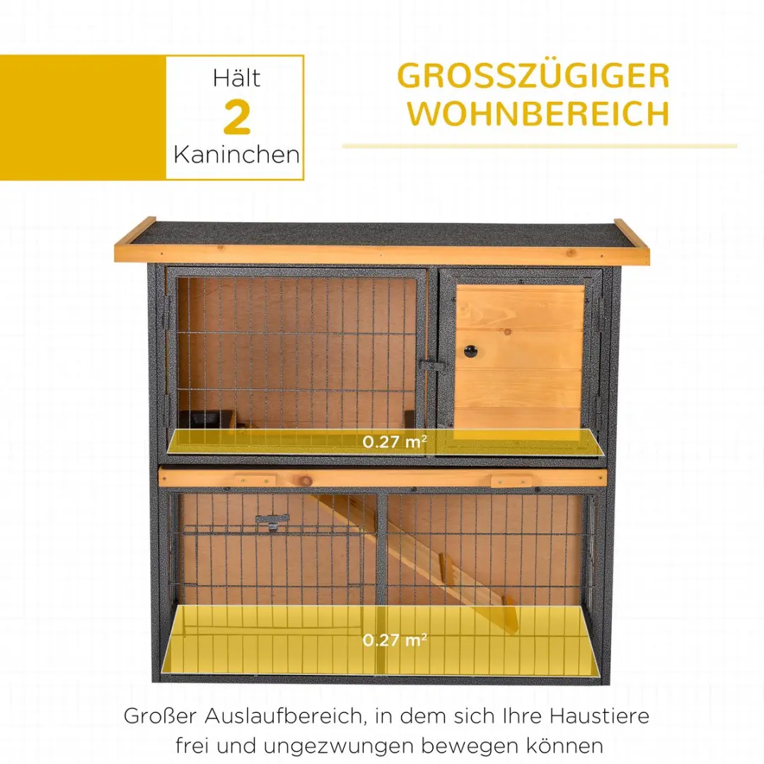 Pawhut Hasenstall 2 Verdiepingen - 89,5x45x81cm - Hellgeel/Zwart