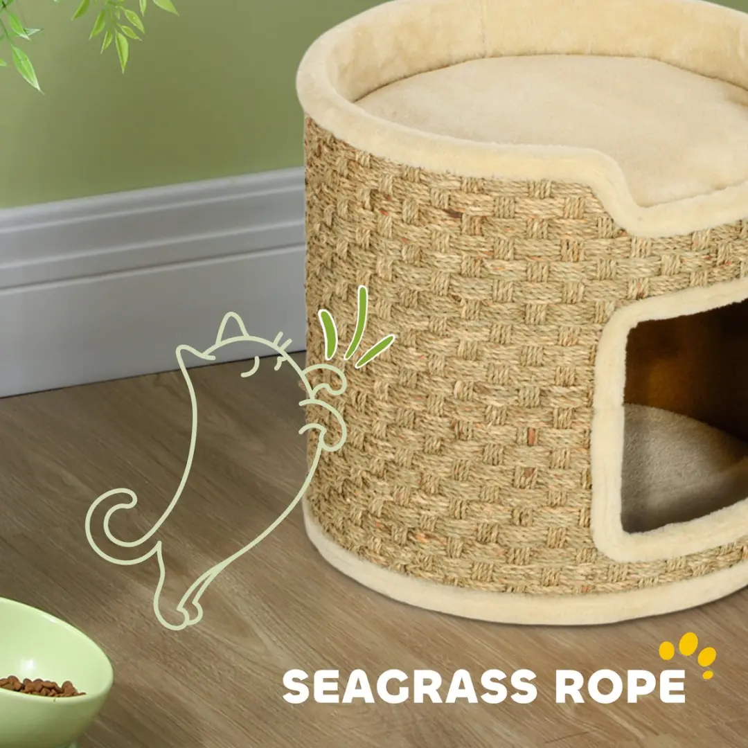 Pawhut Kratztonne 37cm Kattenhuis 2-laags - Sisal - Khaki