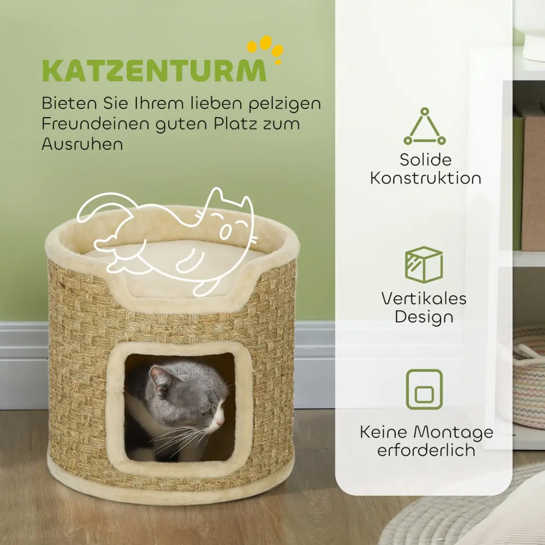 Pawhut Kratztonne 37cm Kattenhuis 2-laags - Sisal - Khaki