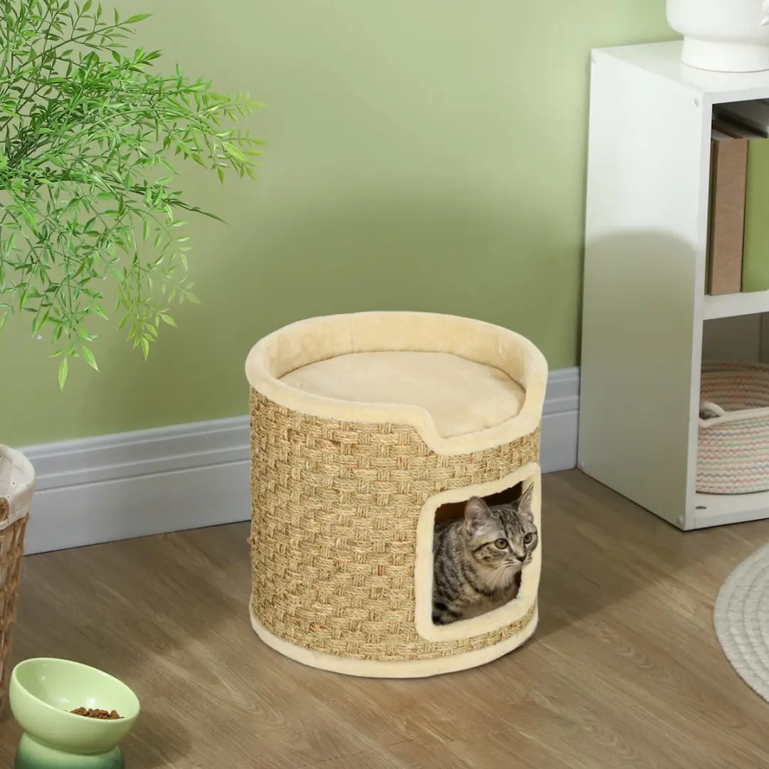 Pawhut Kratztonne 37cm Kattenhuis 2-laags - Sisal - Khaki