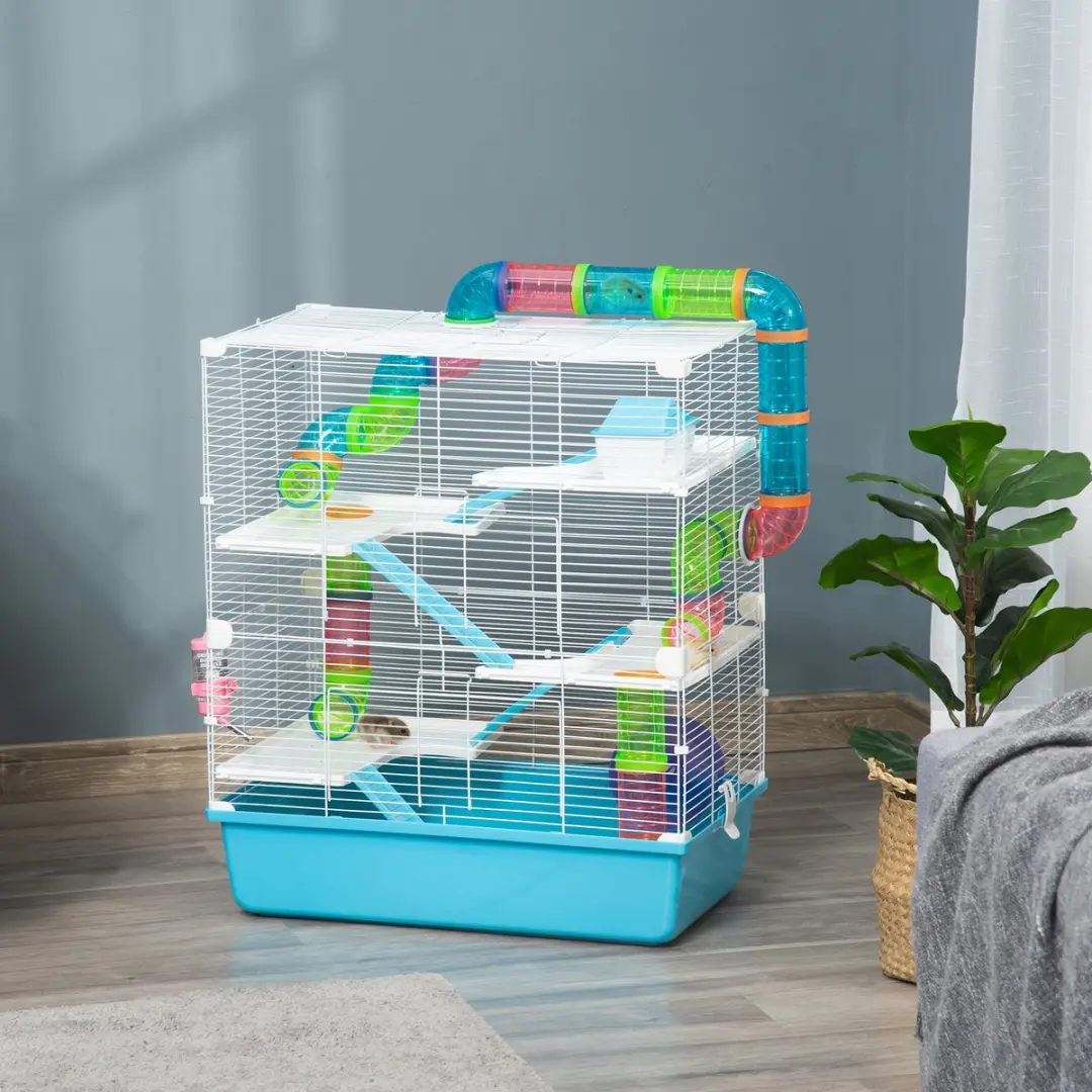 Pawhut Dierenkooi met Loopwiel - Tafelmodel - Hellblauw/Wit