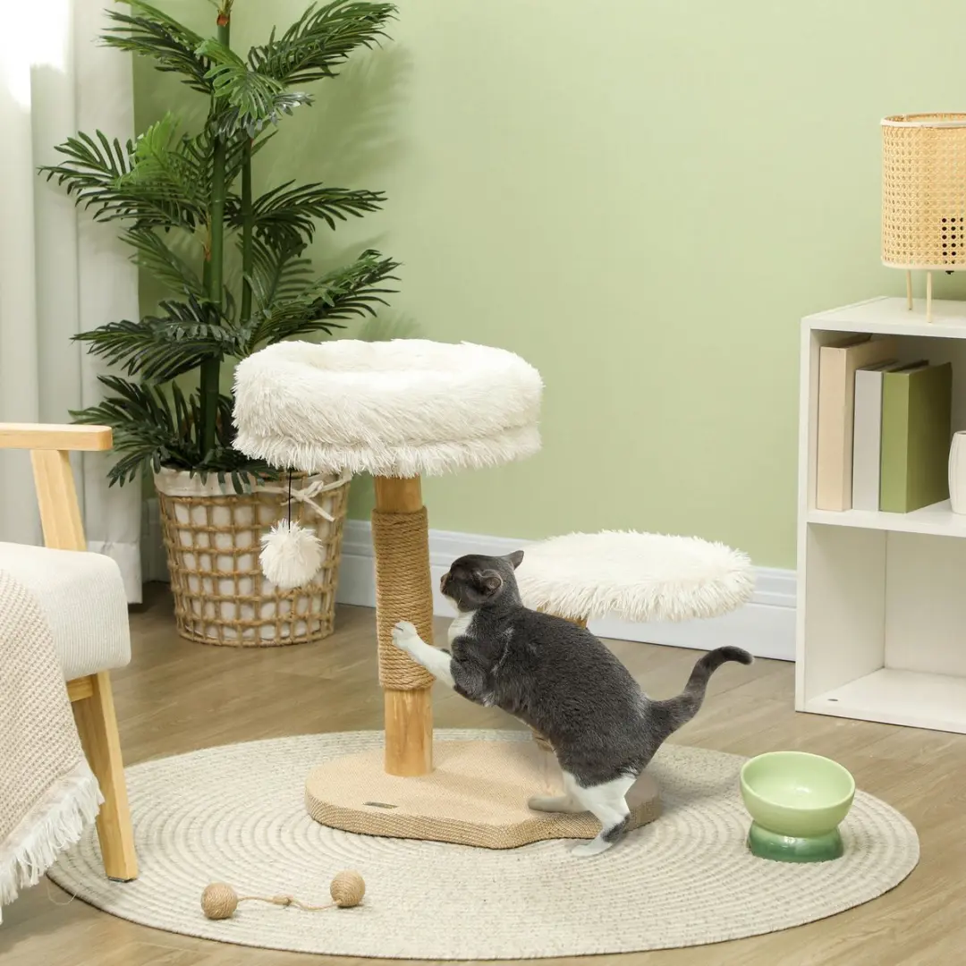 Pawhut Krabpaal met Kattenbed Wit - 2 Niveaus - Ø40cm