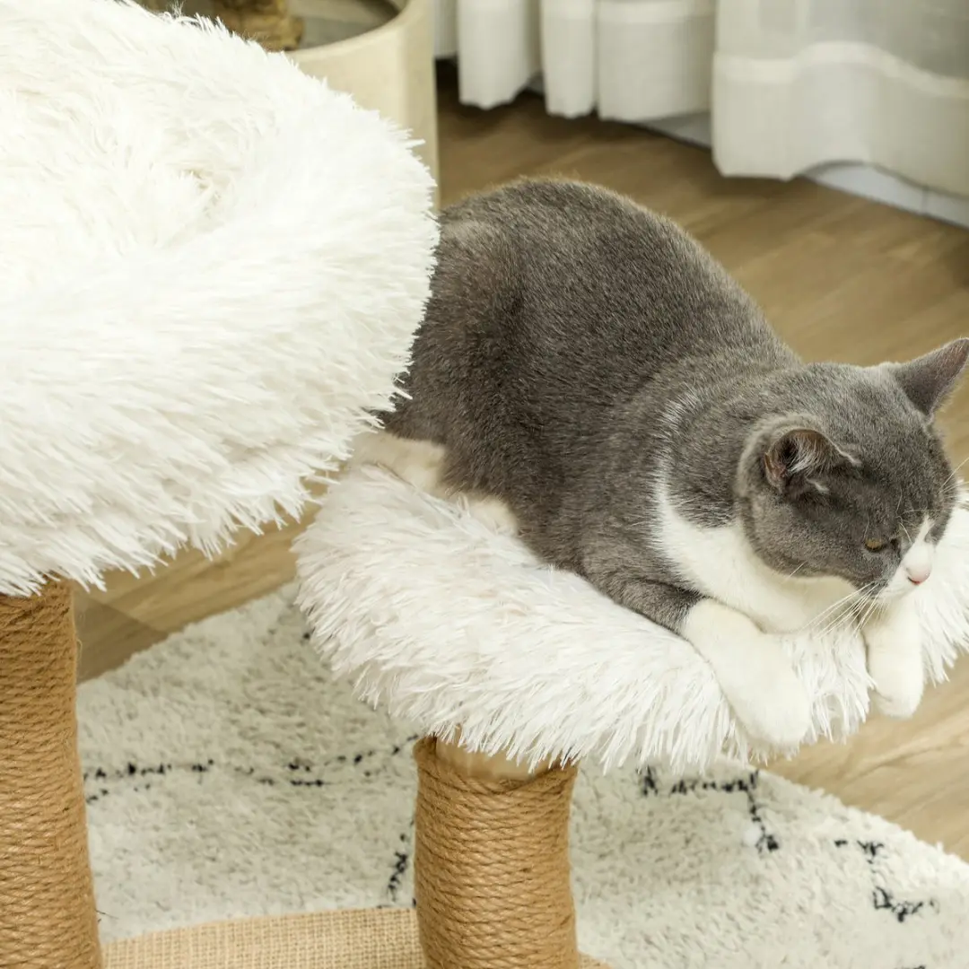 Pawhut Krabpaal met Kattenbed Wit - 2 Niveaus - Ø40cm