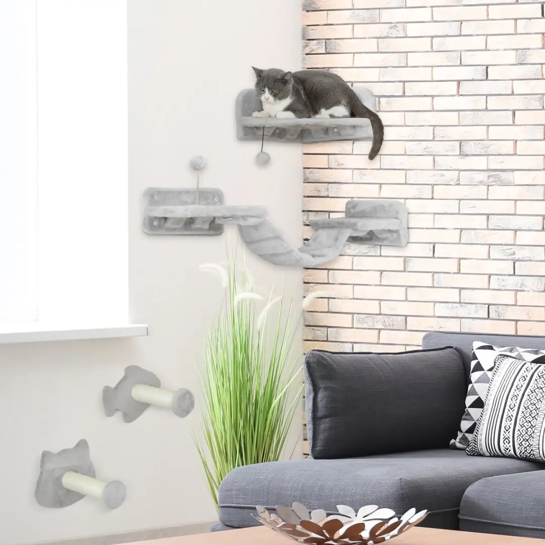 Pawhut Katten Klimwandset 5 Niveaus - Hellgrau