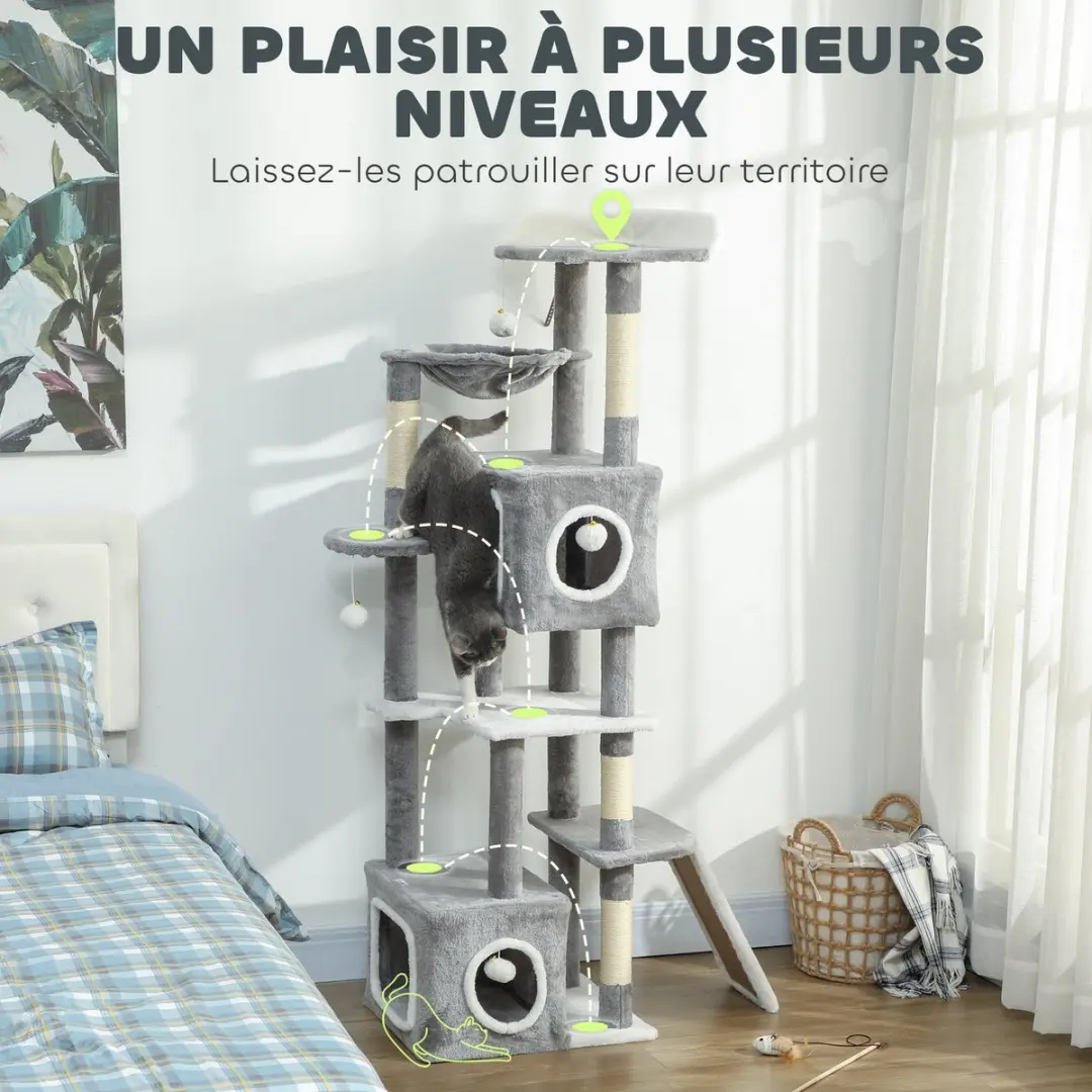 Pawhut Kattenkrabpaal Pluche 48x40x165cm - Grijs