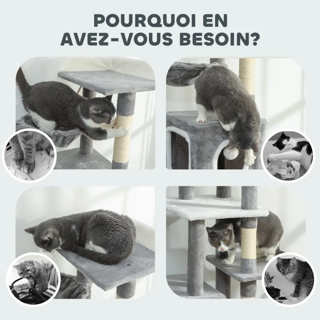 Pawhut Kattenkrabpaal Pluche 48x40x165cm - Grijs