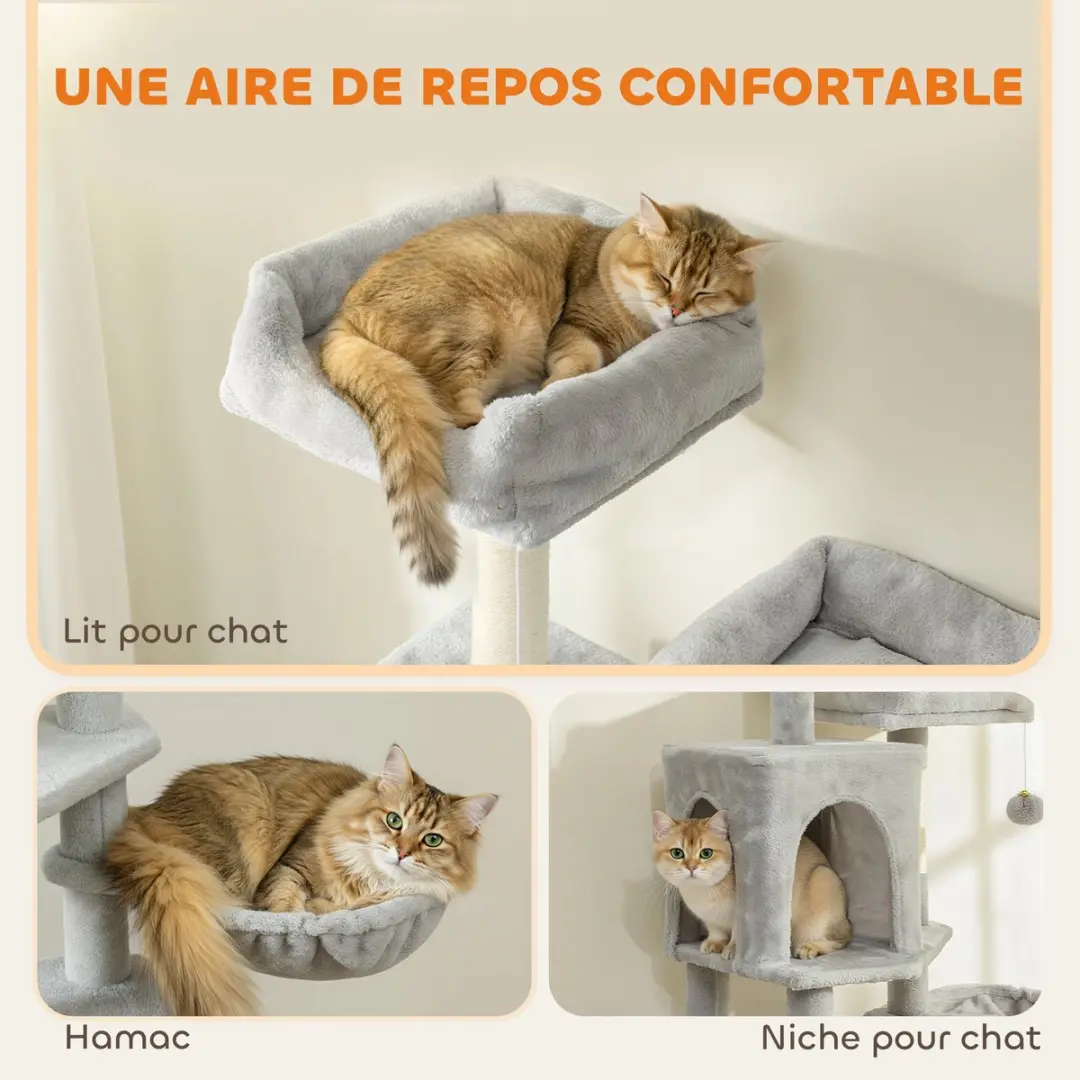 Pawhut Kattenboom Lichtgrijs 48x40x177cm - 5 Ligplekken