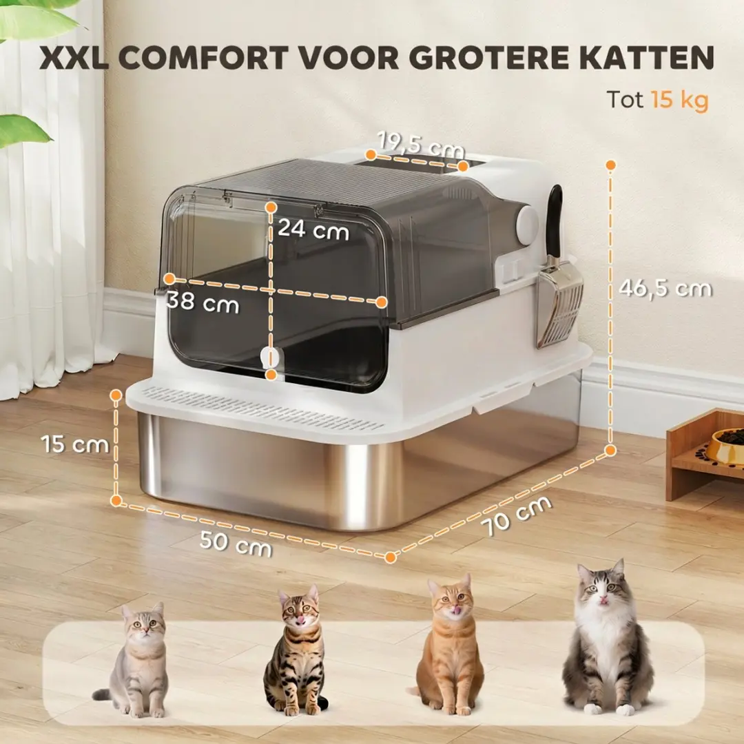 Homcom Roestvrijstalen Kattenbak XXL 72L - Dubbele Deuren Pedaal