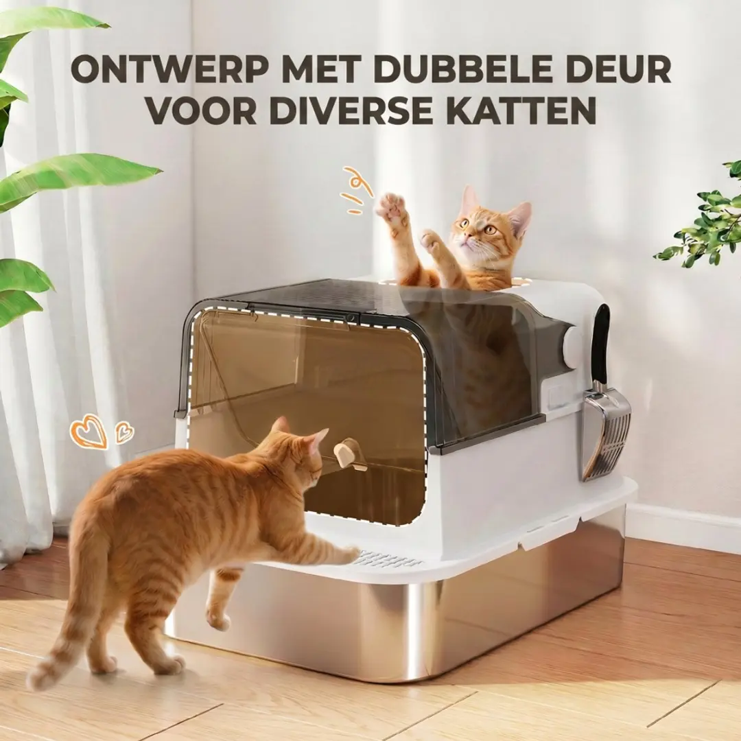 Homcom Roestvrijstalen Kattenbak XXL 72L - Dubbele Deuren Pedaal
