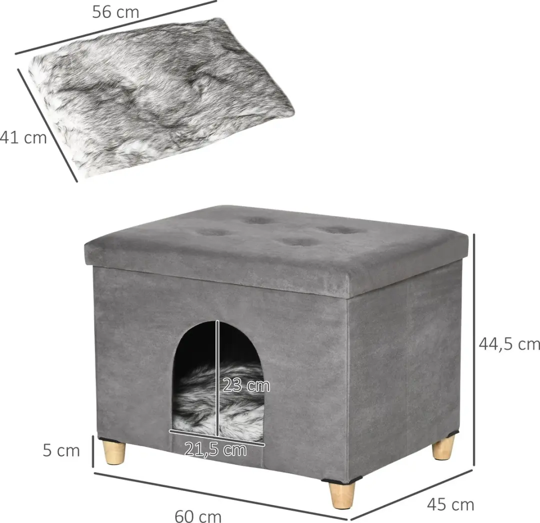 Pawhut Kattenhuis 2-in-1 Voetenbankje - 60x45x44,5cm - Grijs