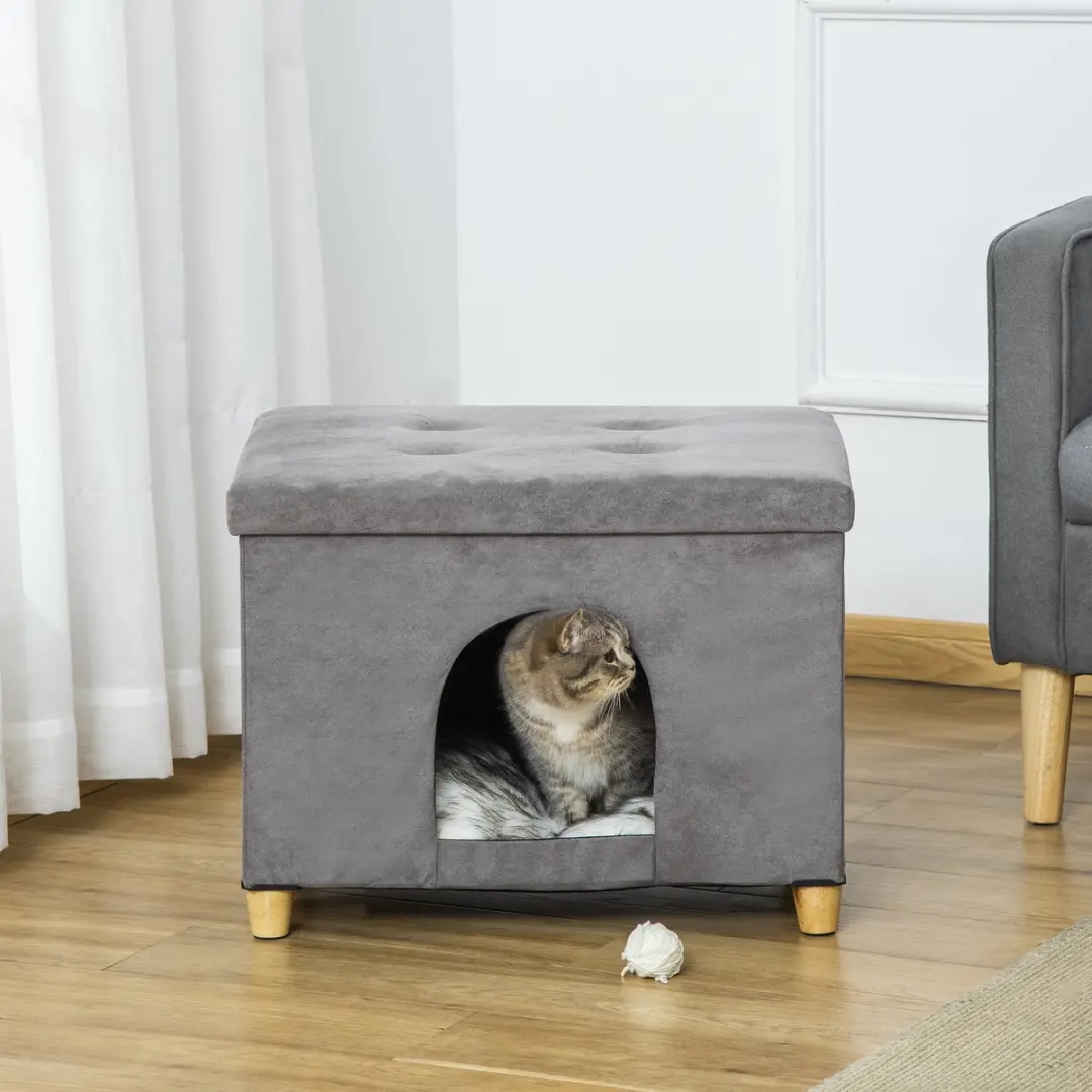 Pawhut Kattenhuis 2-in-1 Voetenbankje - 60x45x44,5cm - Grijs