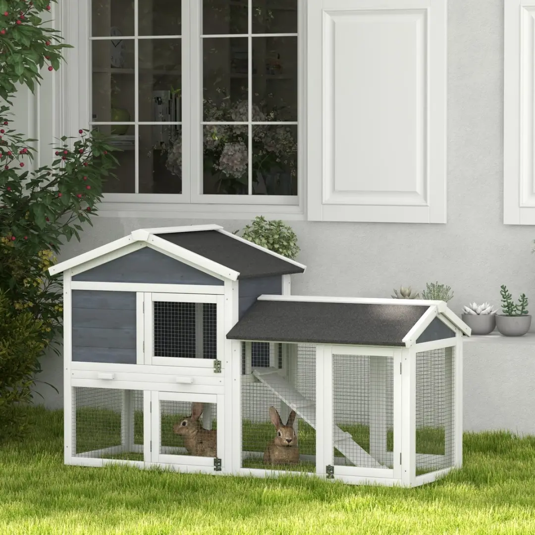 Pawhut Konijnenhok Dennehout 147x54x84cm - Grijs