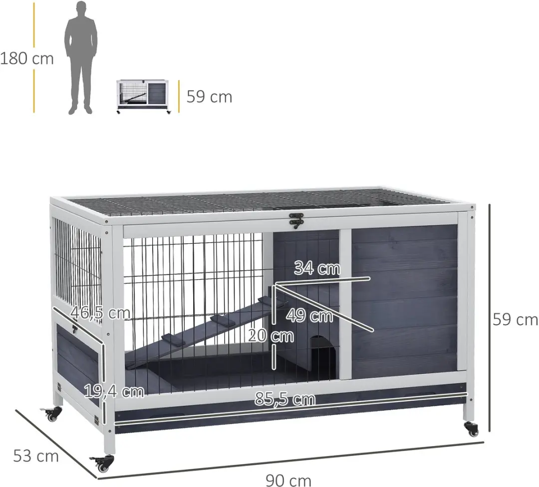 Pawhut Meerschweinchenstall 90x53x59cm - 2 verdiepingen - Donkergrijs/Wit